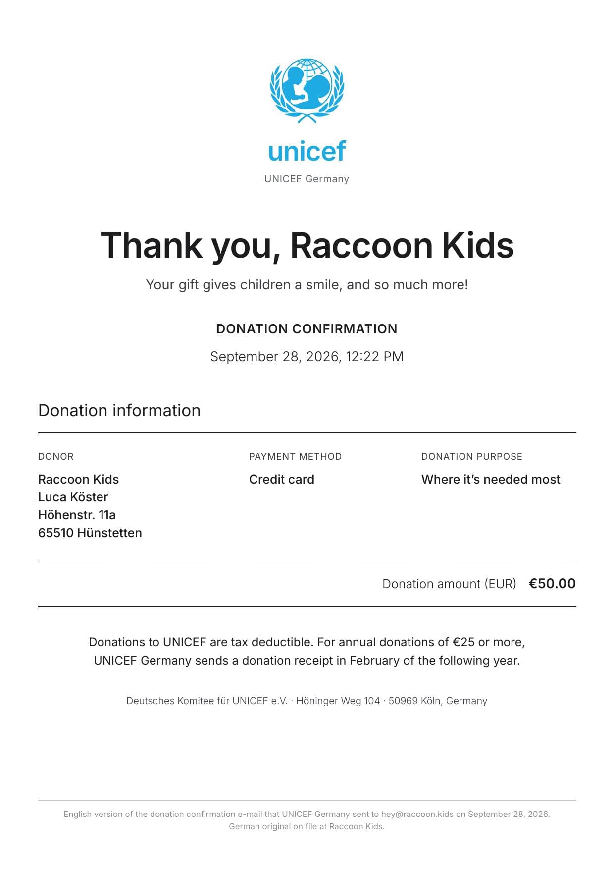 Donation receipt for UNICEF
