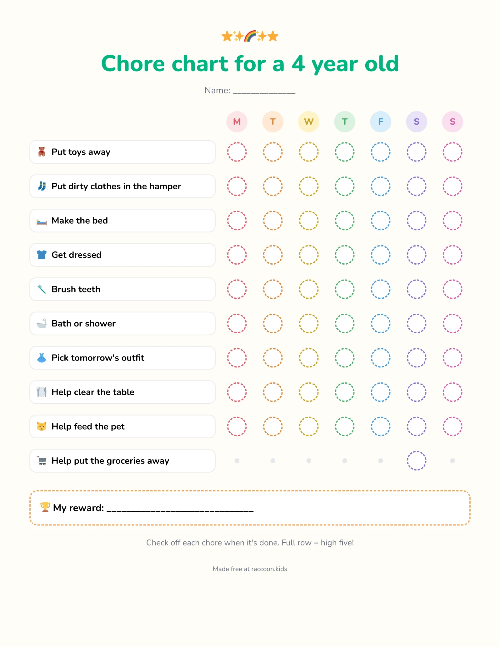 Free printable chore chart for a 4 year old with simple chores like putting toys away, helping make the bed, feeding the pet and clearing the table