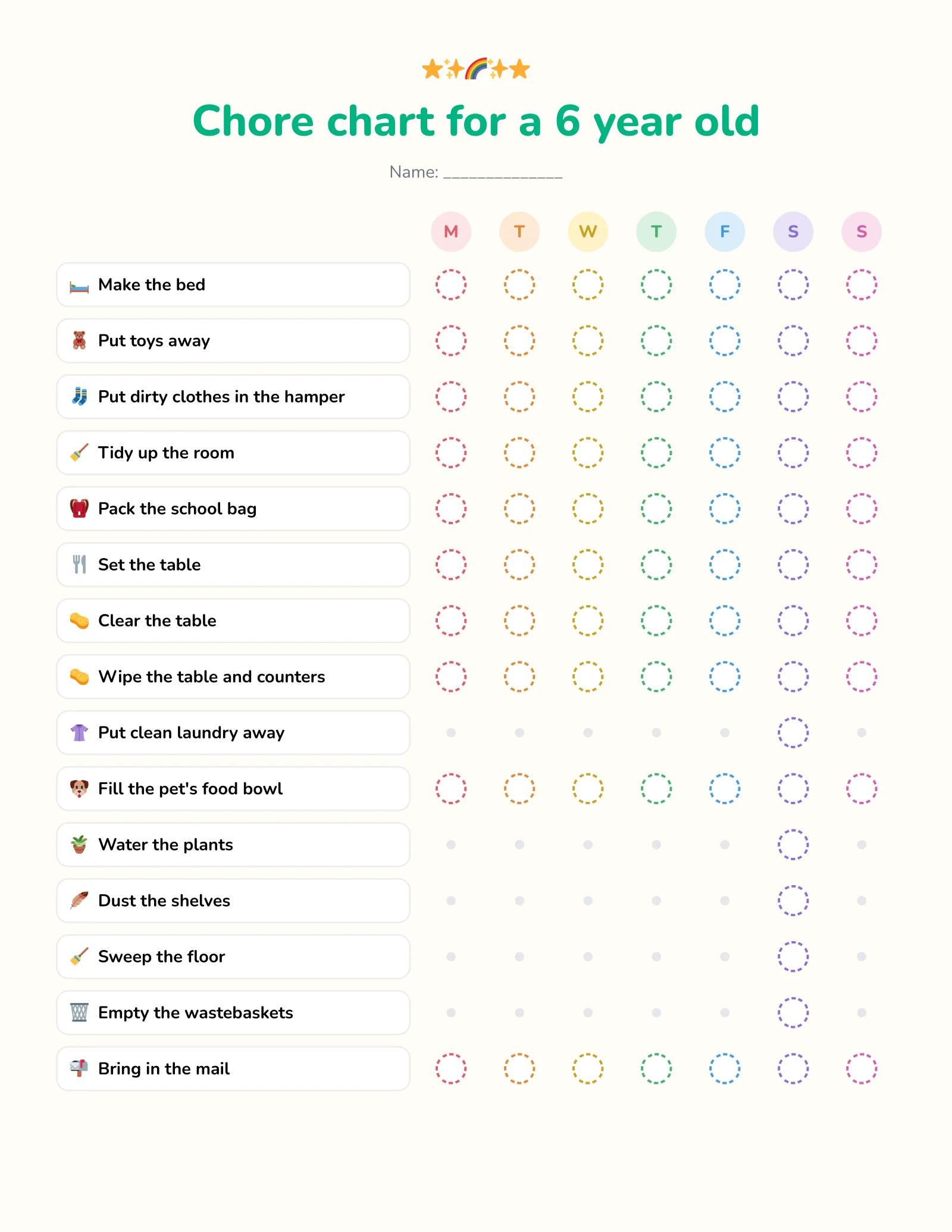 Free printable chore chart for a 6 year old with daily chores like making the bed, putting toys away and setting the table, plus weekly chores like watering plants and dusting