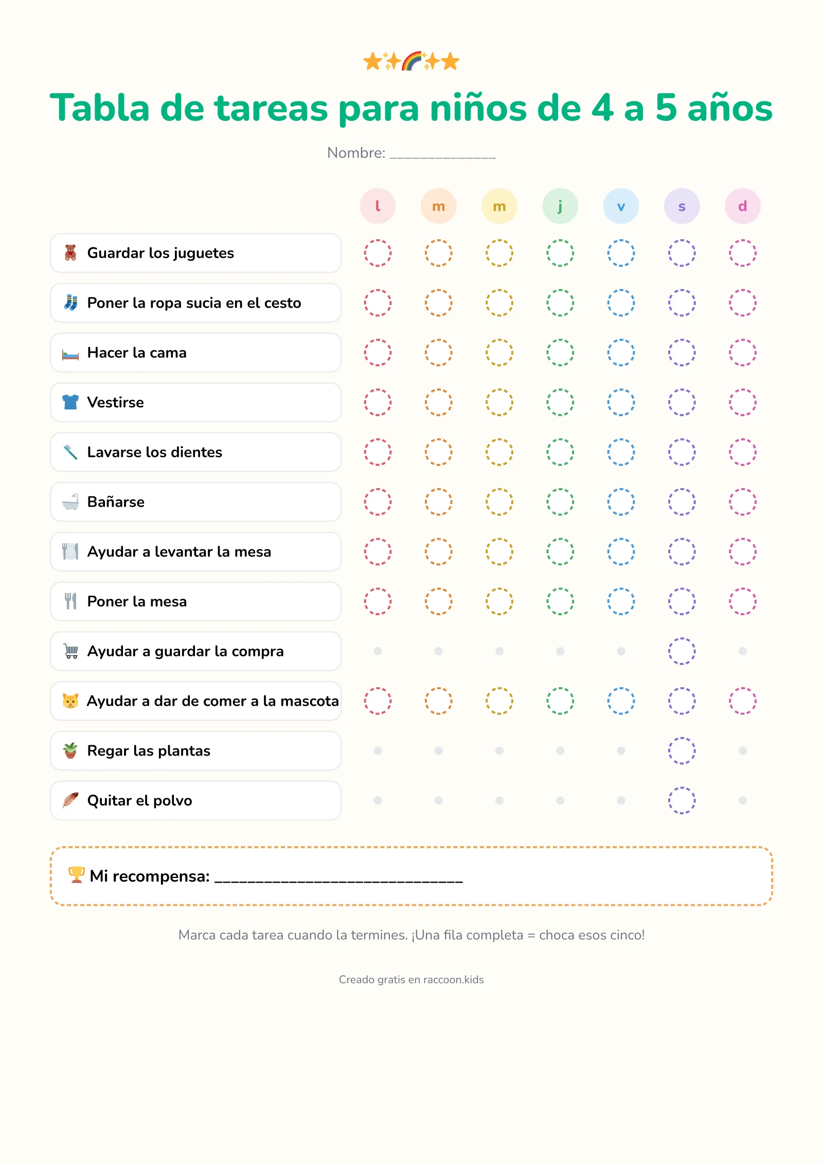 Tabla de tareas para imprimir gratis para niños de 4 a 5 años con tareas como guardar los juguetes, hacer la cama, poner la mesa y dar de comer a la mascota